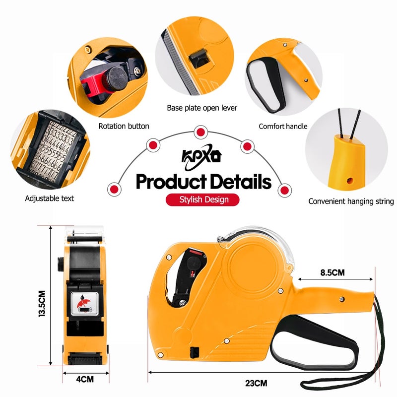 KPX Pricing Tag Gun, 8 Digits, 5150 White Labels, Yellow (Rectangular, Paper, 21*12 mm), One Touch Open System, Incl 3 Inker Rollers - Image 2